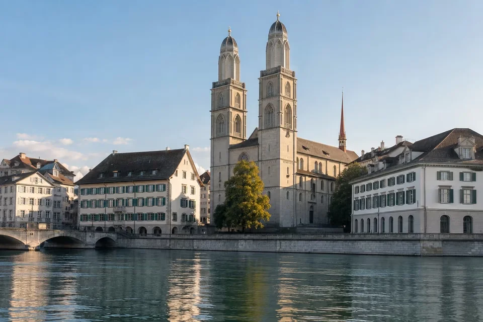 The twin towers of the Grossmunster on the bank of the Limmat in Zurich
