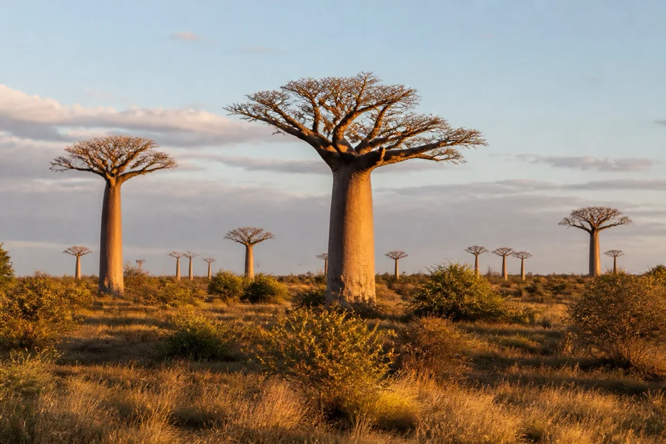 Giant baobabs rising in pairs on dry grass savanna in Senegal