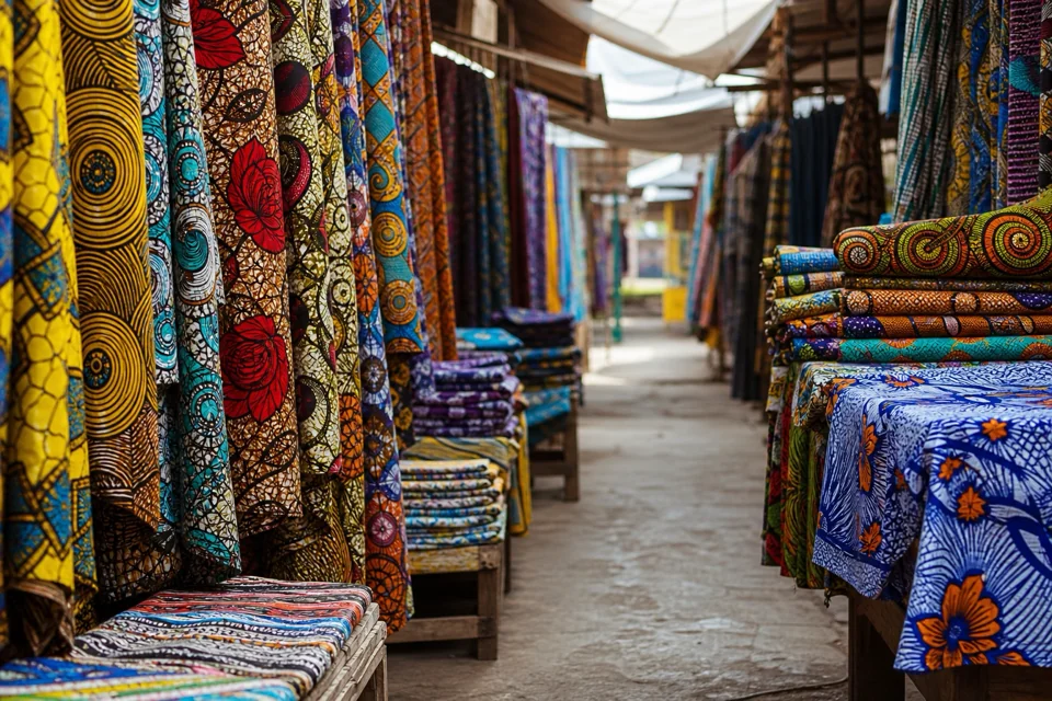 Senegal'de pazar sokağında rengarenk desenli kumaşlar raflarda sergileniyor