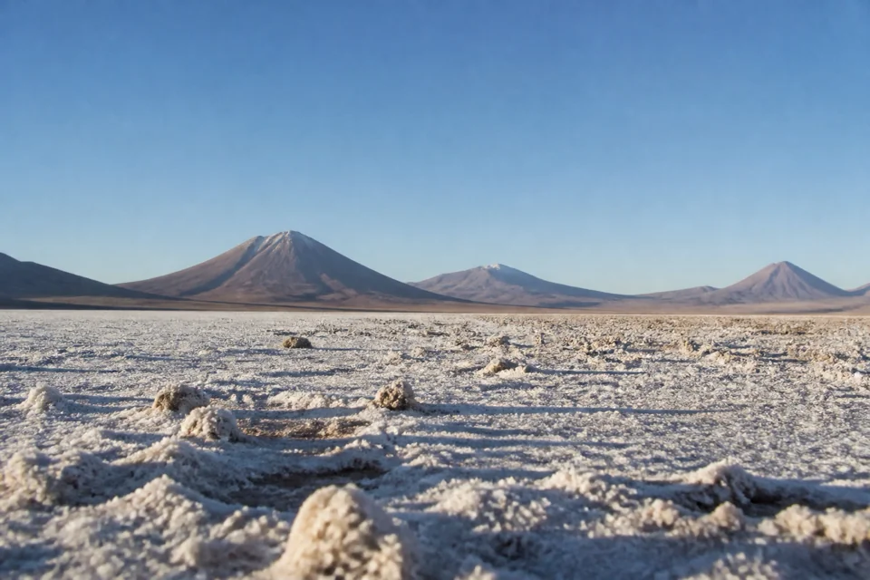 Volcanic cones rising in the distance above a salt-crusted high plain in Chile