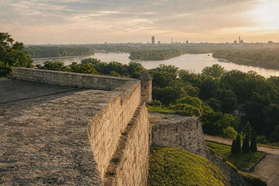 Sırbistan'da eski kale surlarından iki geniş nehrin buluştuğu noktaya bakılıyor