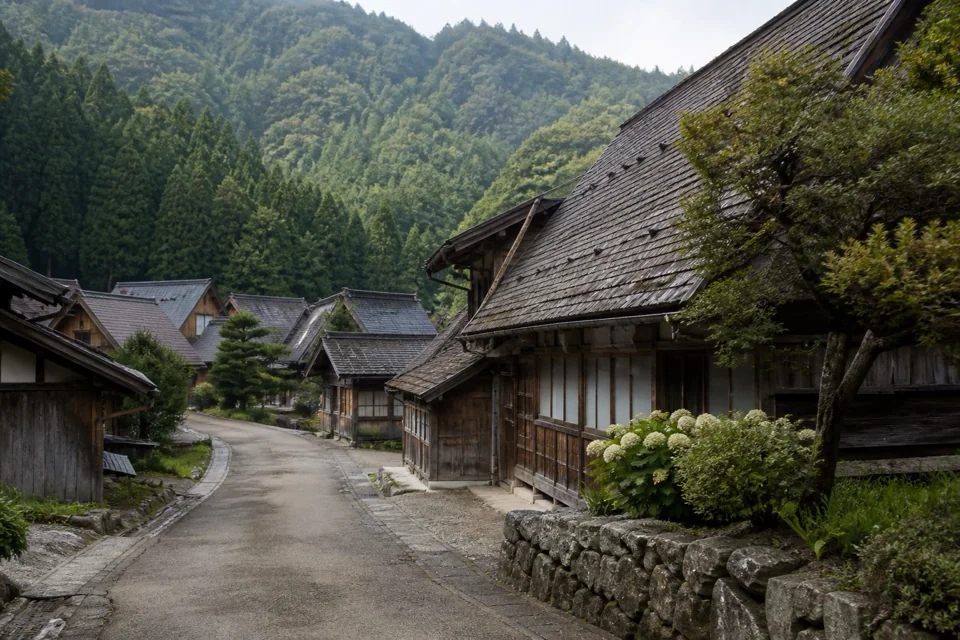 A village street of timber-roofed houses at the foot of green hills in Slovakia