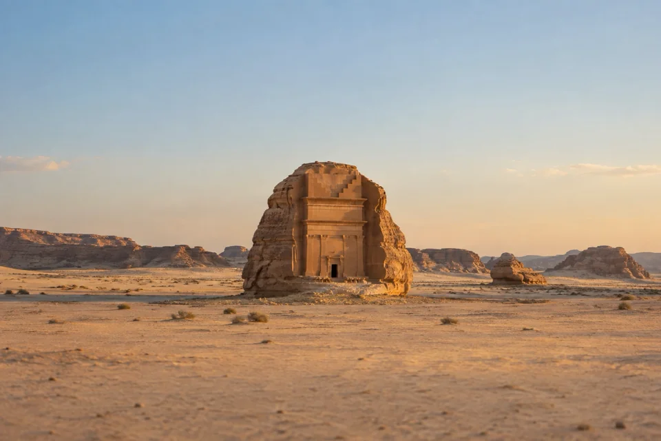The Qasr al-Farid rock-cut tomb at Hegra, AlUla, Saudi Arabia