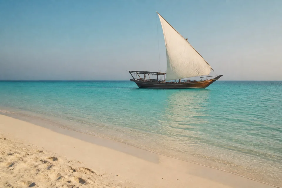A wooden sailing boat gliding over turquoise water seen from a white beach in Tanzania
