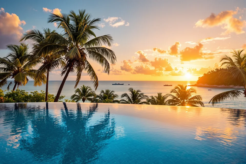 A palm-fringed bay seen from an infinity pool at sunset in Thailand