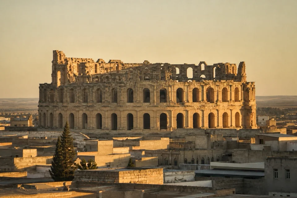 A stone amphitheatre ruin rising over a flat town in golden light in Tunisia