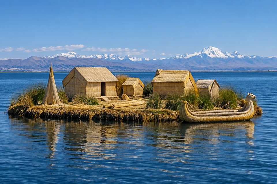 The floating reed islands of the Uros on Lake Titicaca near Puno