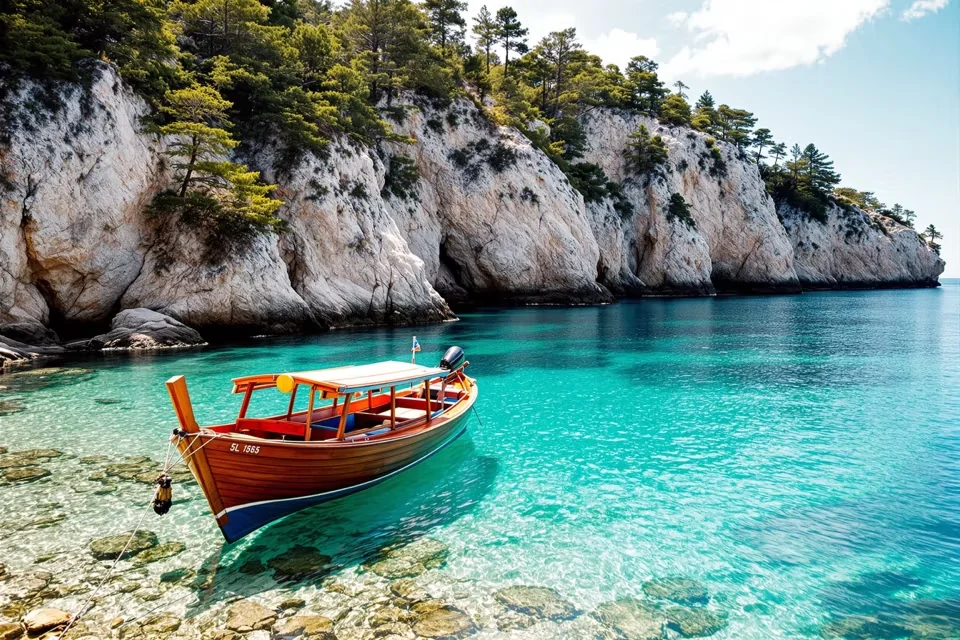 Wooden boat moored in a clear turquoise cove in Türkiye, pine-topped white cliffs behind