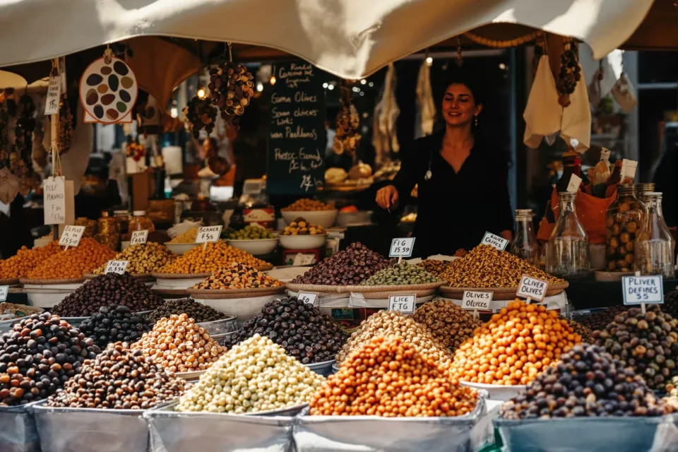 Market stall in Türkiye piled with olives and dried fruit, the vendor standing behind