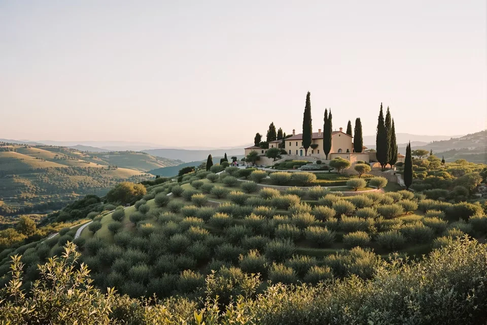 Stone farmhouse among cypresses above a hillside olive grove in Türkiye, valleys beyond