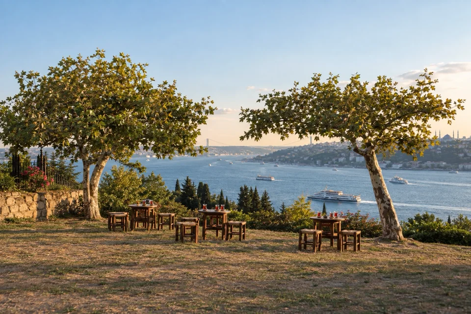 A Turkish tea garden on a hill overlooking the Bosphorus
