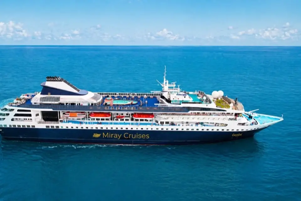 The M/V Gemini out at open sea with Miray Cruises lettering on her hull