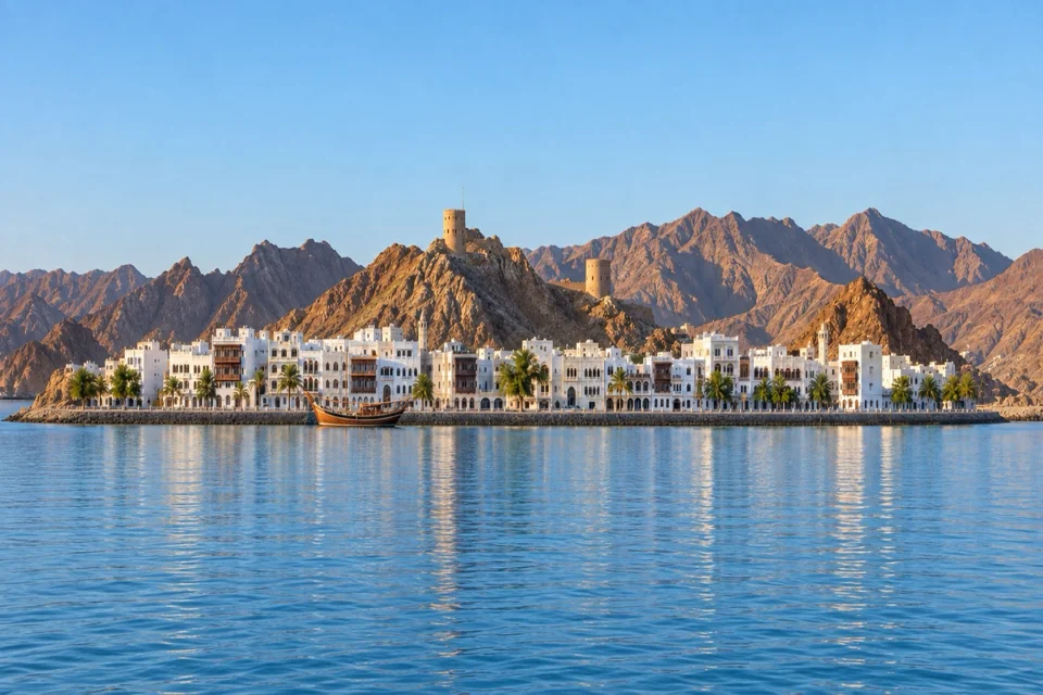 Mutrah waterfront in Muscat: white Omani houses, a wooden dhow and Mutrah Fort