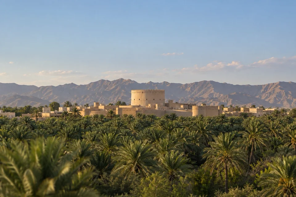 Nizwa Kalesi'nin yuvarlak kulesi ve hurma vahası, Umman