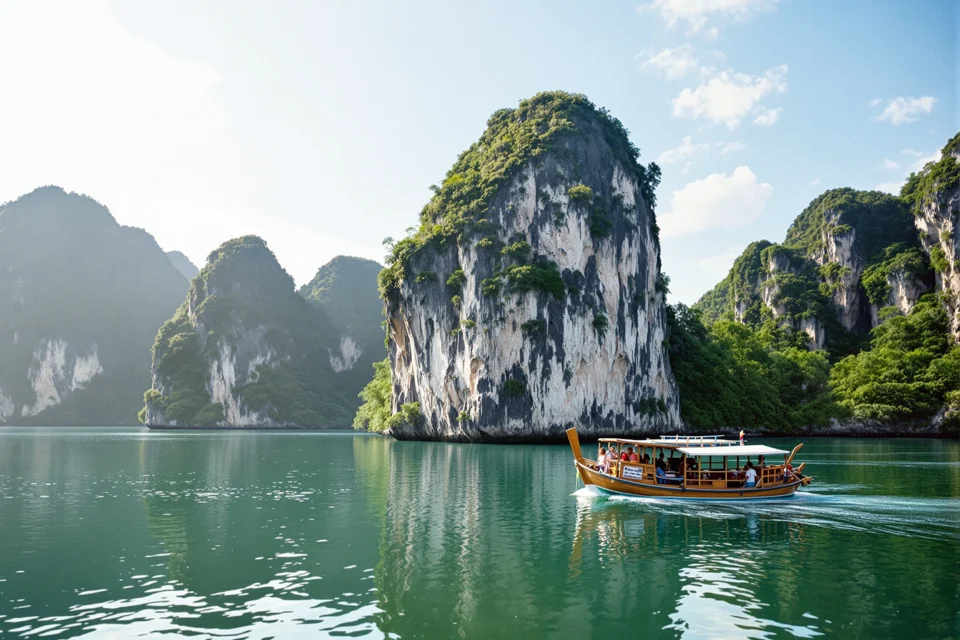 A wooden ship moving between limestone islets rising from green water in Vietnam