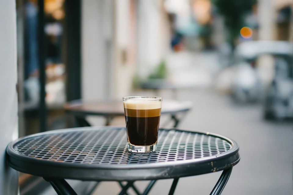 A cup of coffee on a metal table in front of a narrow shopfront in Vietnam