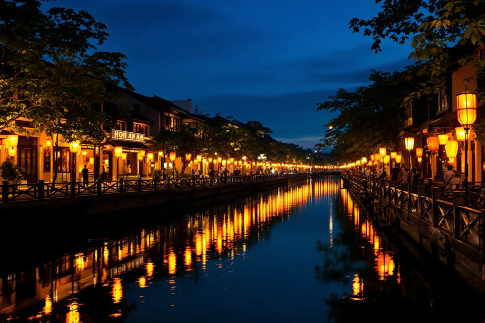 Silk lanterns strung above the old town streets of Hoi An in Vietnam