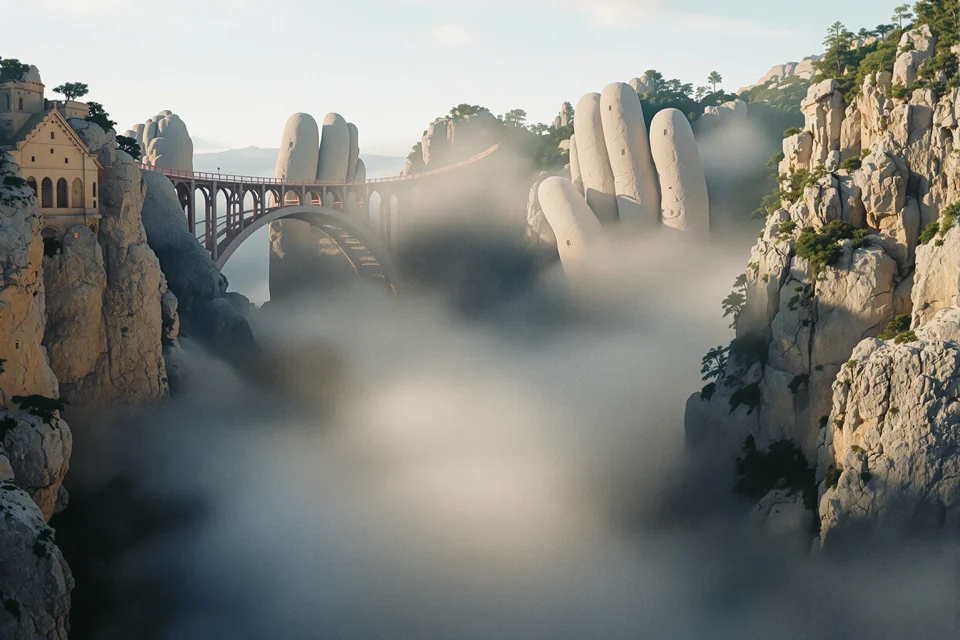 Arched bridge cradled by giant stone hands in Vietnam, clouds filling the valley below