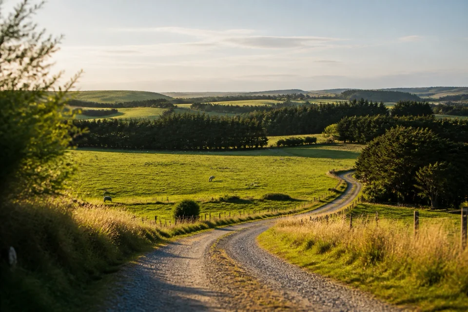 A gravel farm track winding between rows of trees across green pasture in New Zealand