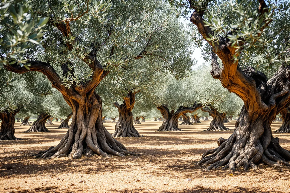 Old gnarled olive trees standing in rows on dry ground in Greece