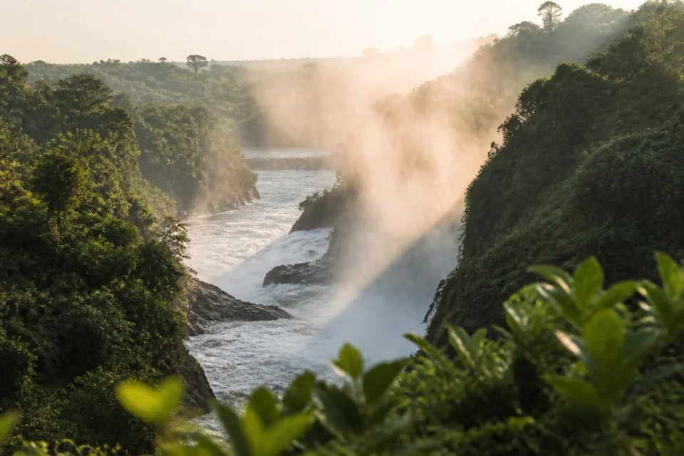 A river running through a dense green valley in Zimbabwe under rising mist