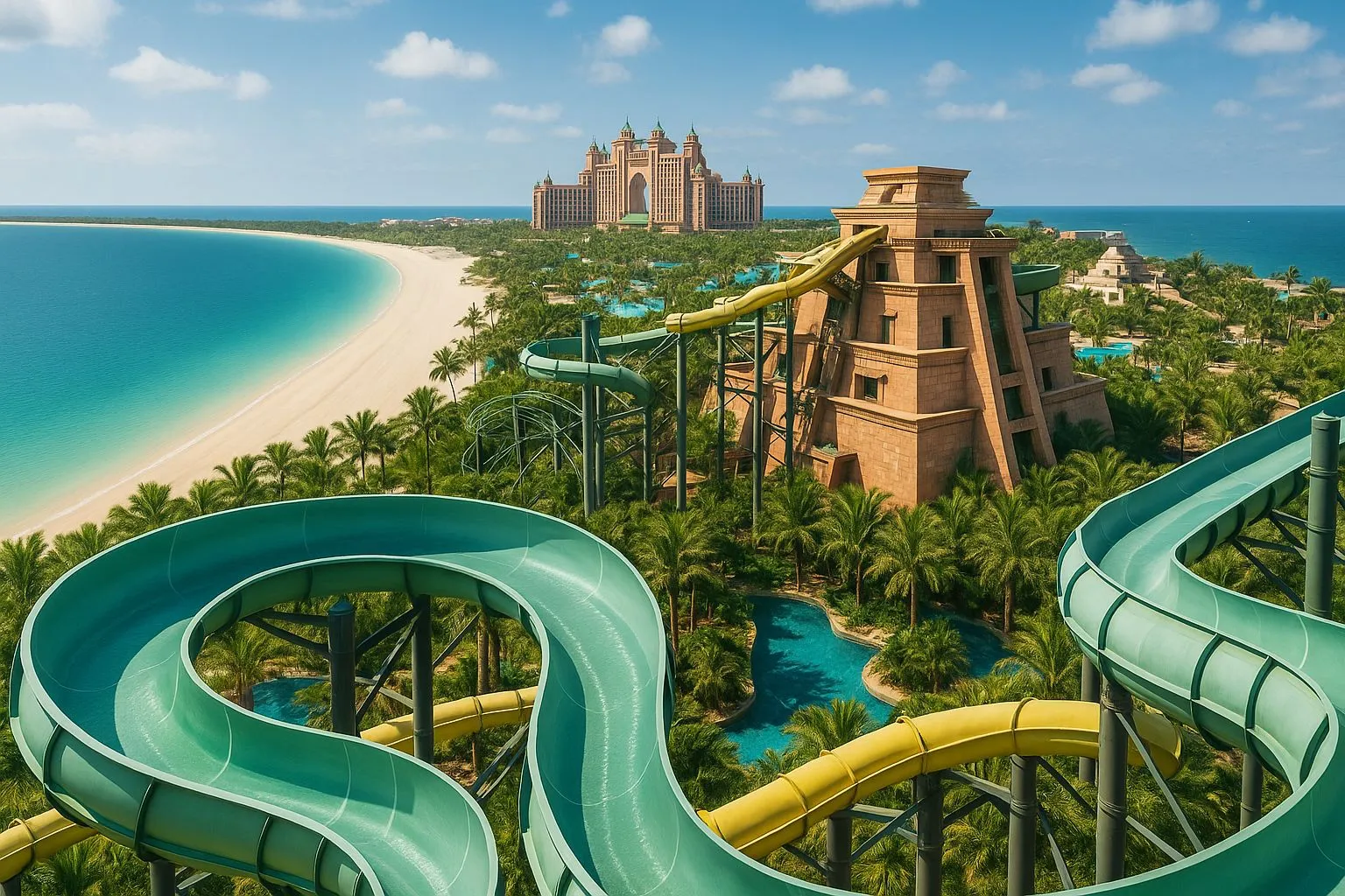 Atlantis The Palm, sahil ve Aquaventure kaydıraklarının panoramik görünümü