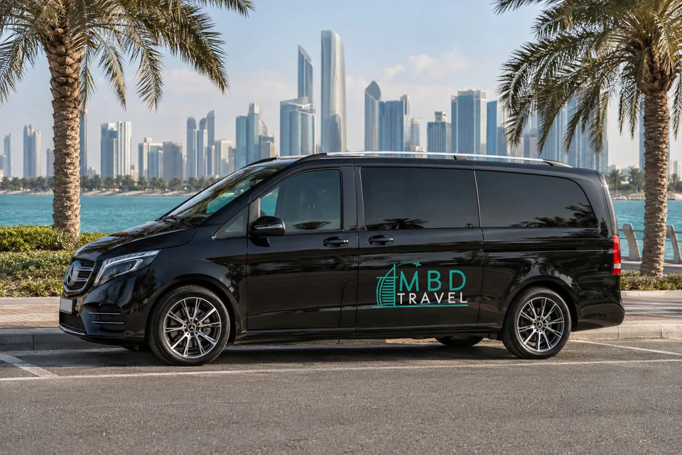 Black Mercedes-Benz Vito with MBD Travel livery on Abu Dhabi Corniche, visualization