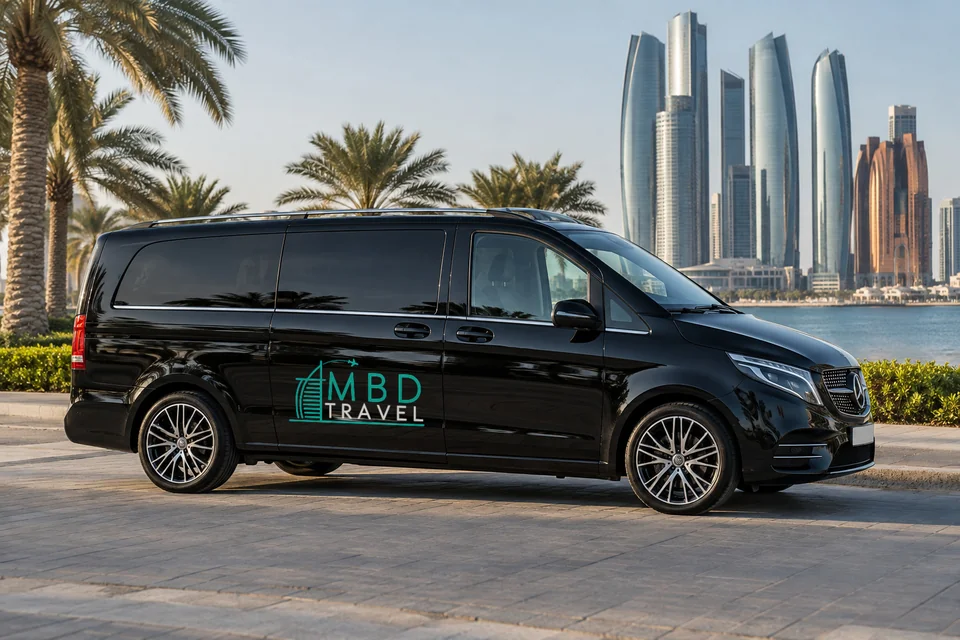 Black Mercedes-Benz Vito with MBD Travel livery near Abu Dhabi Etihad Towers, visualization
