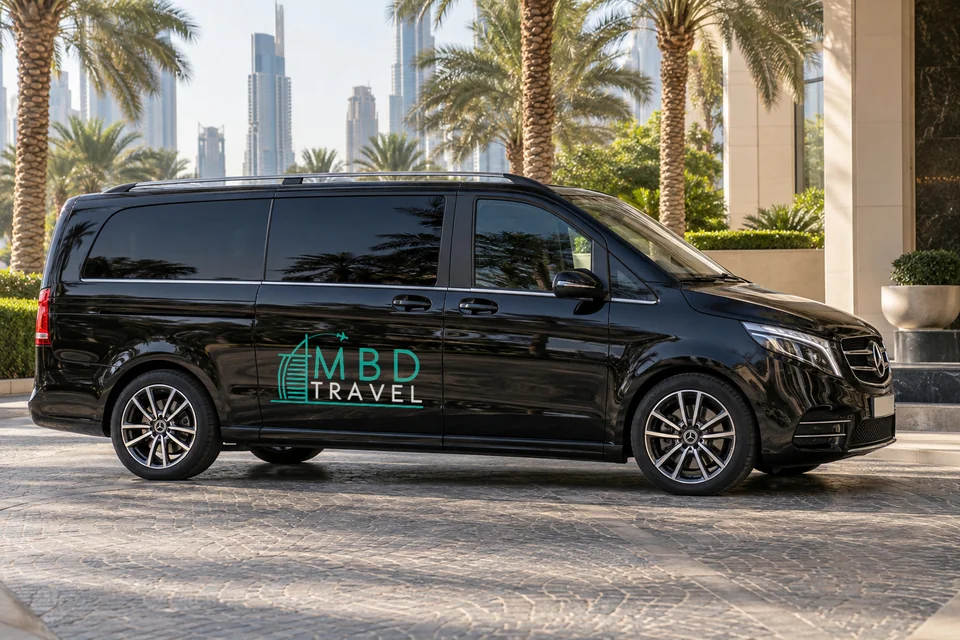 Black Mercedes-Benz Vito with MBD Travel livery at a Dubai hotel entrance in daylight, visualization