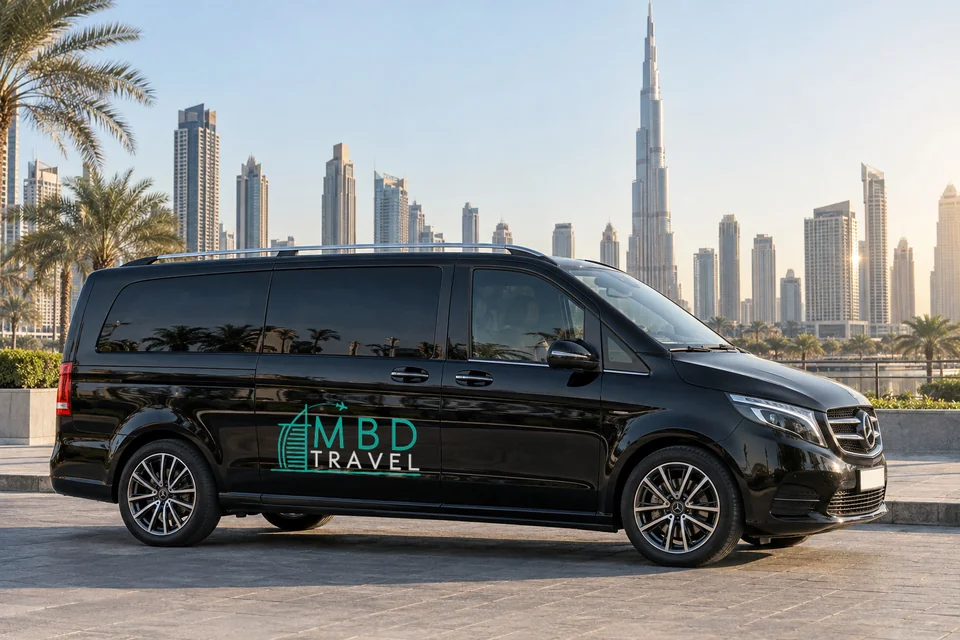 Black Mercedes-Benz Vito with MBD Travel livery near Burj Khalifa, visualization