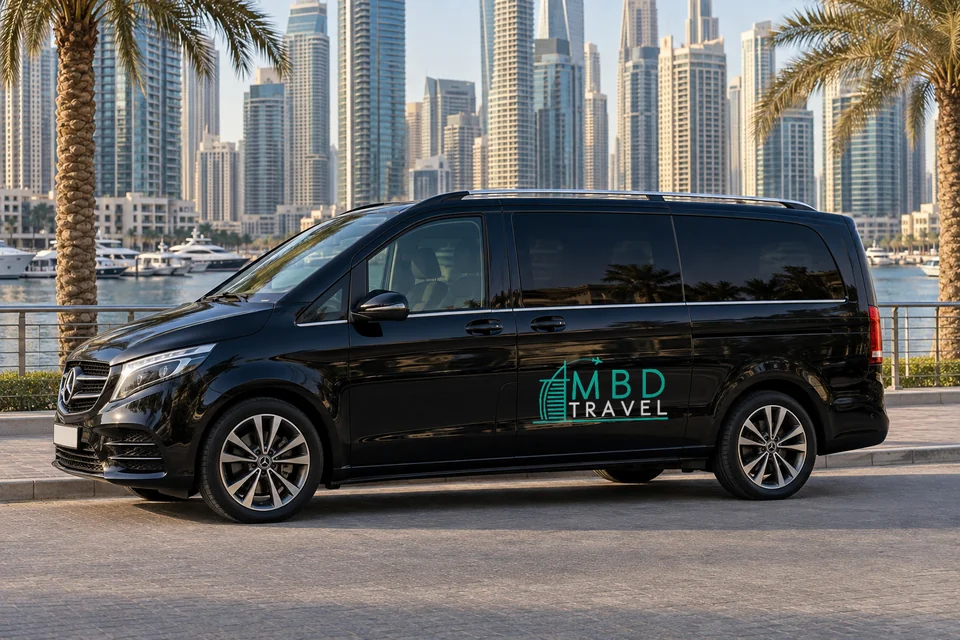 Black Mercedes-Benz Vito with MBD Travel livery on the Dubai Marina waterfront, visualization