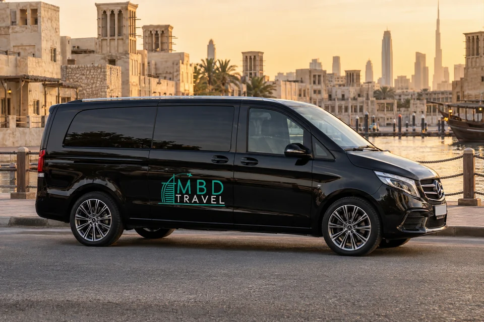 Black Mercedes-Benz Vito with MBD Travel livery near Dubai Al Seef, visualization