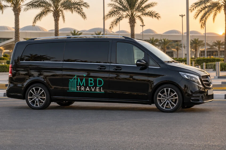 Black Mercedes-Benz Vito with MBD Travel livery at Sharjah terminal at sunset, visualization