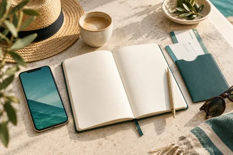 Güneşli bir masada açık defter, kahve, hasır şapka ve biniş kartı duran pasaport kılıfı