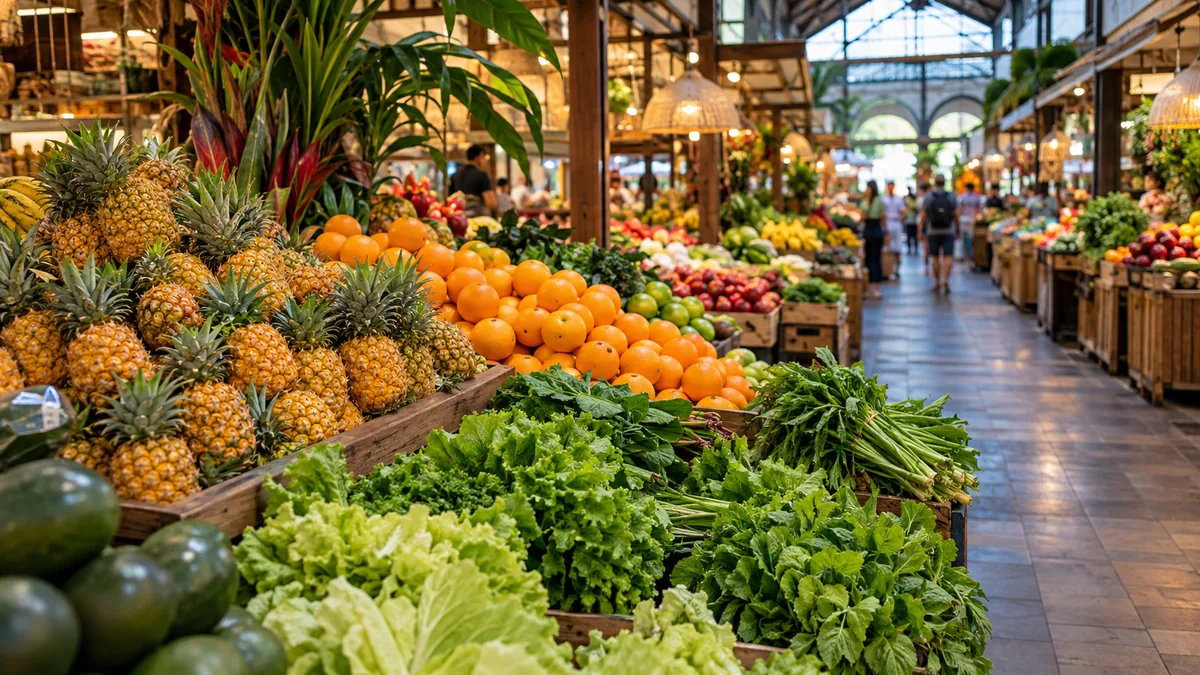 Küçük ananas ve portakal yığınlarının durduğu meyve sebze hali; görselleştirme