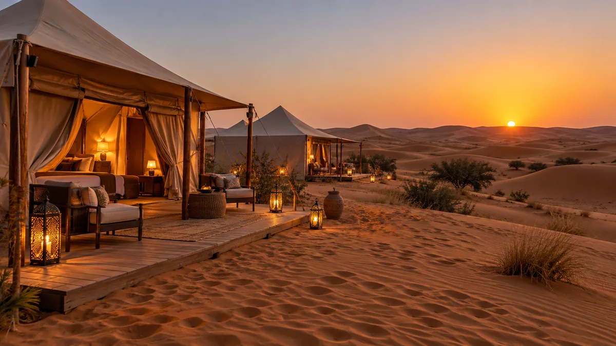 Gün batımında fenerleri yanan çöl kampı villa çadırları; görselleştirme