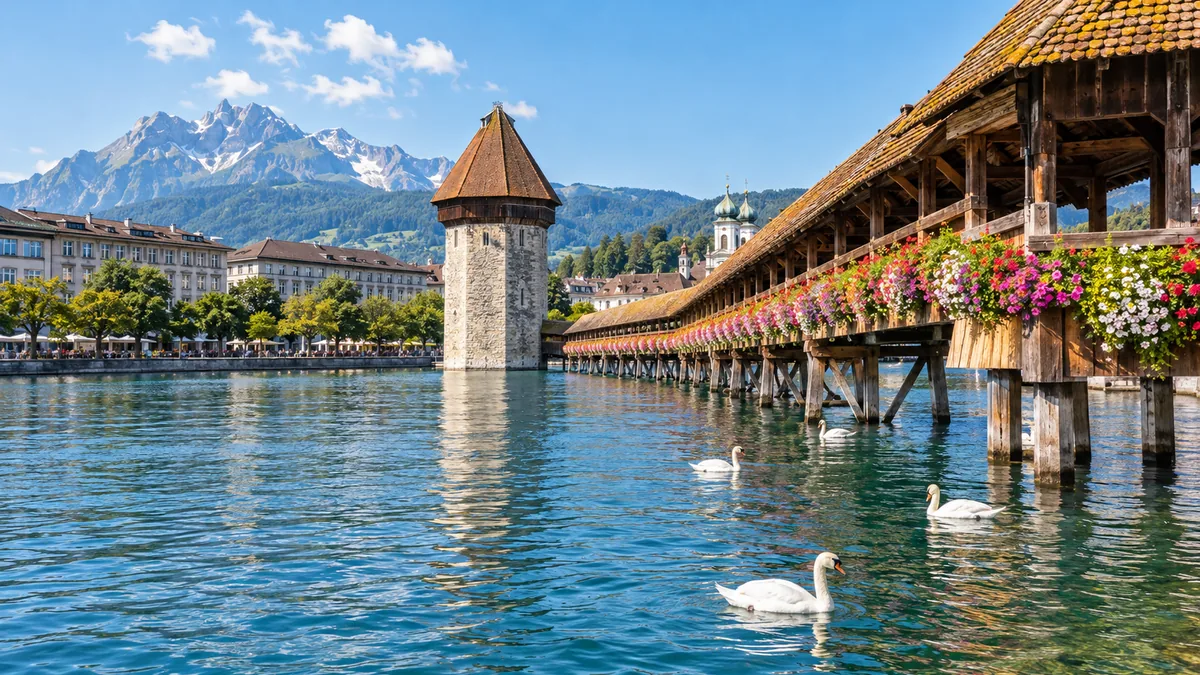 Luzern'de çiçekli Kapellbrücke köprüsü, yüzen kuğular ve dağlar; görselleştirme