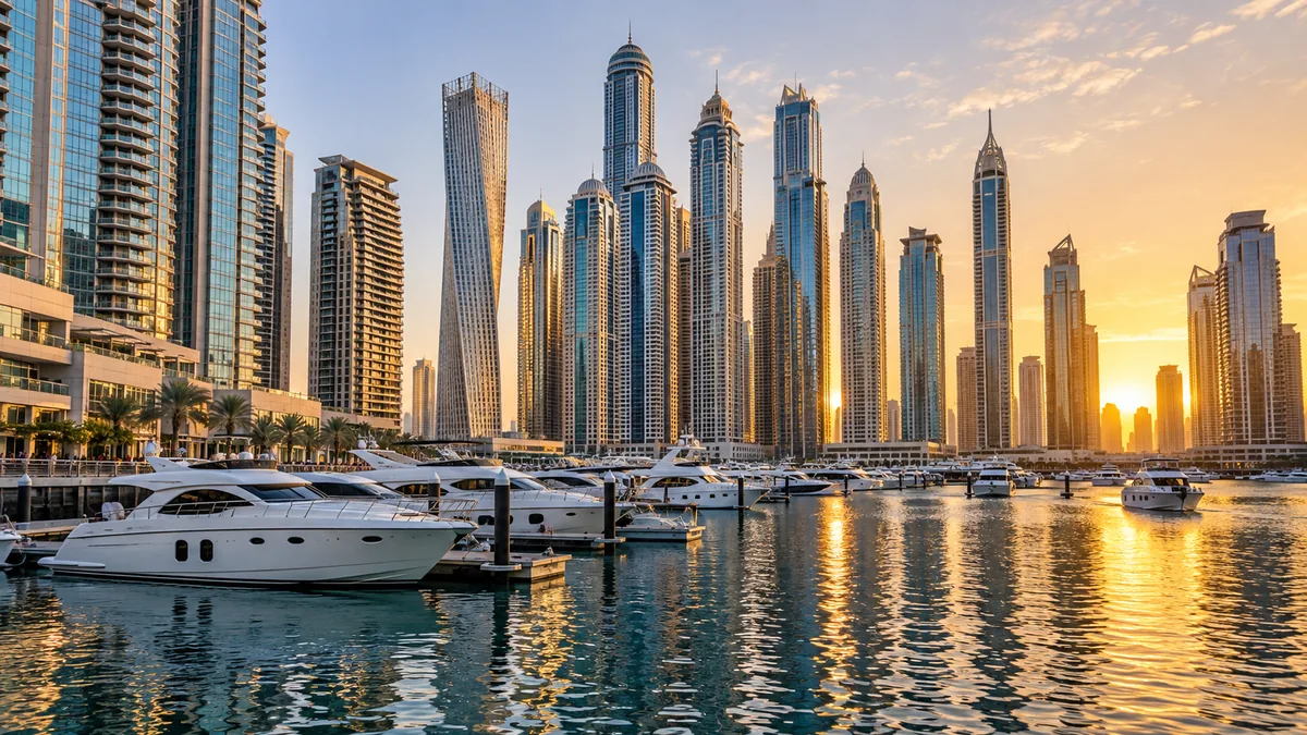 Altın saatte Dubai Marina gökdelenleri ve yatlar; görselleştirme