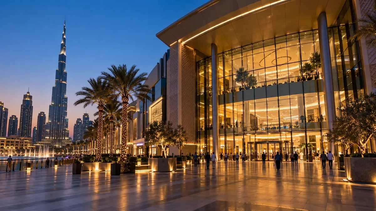 Akşam ışığında bir alışveriş ve eğlence kompleksinin cam cepheli girişi, Dubai; görselleştirme