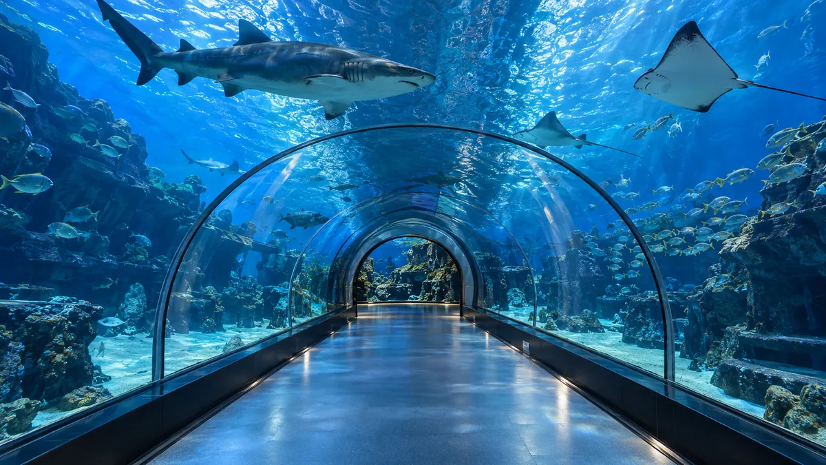 Glass tunnel in the Dubai Mall aquarium with sharks passing overhead; visualisation
