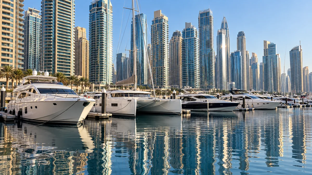 Yachts and catamarans along the Marina quay with towers behind; visualisation