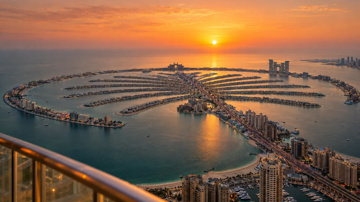 Sunset view of the Palm and the coast from the Palm Jumeirah tower; visualisation