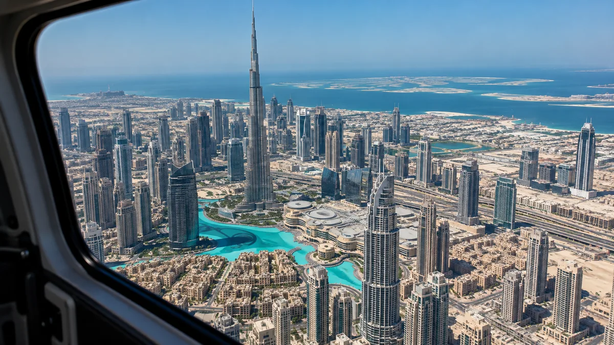 View from a helicopter window toward Burj Khalifa and the Downtown towers, with the desert and sea in the distance; visualisation