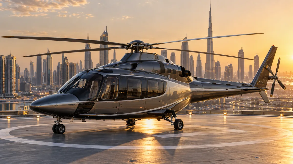 A helicopter ready for take-off on a city helipad in afternoon light with the Dubai skyline behind; visualisation