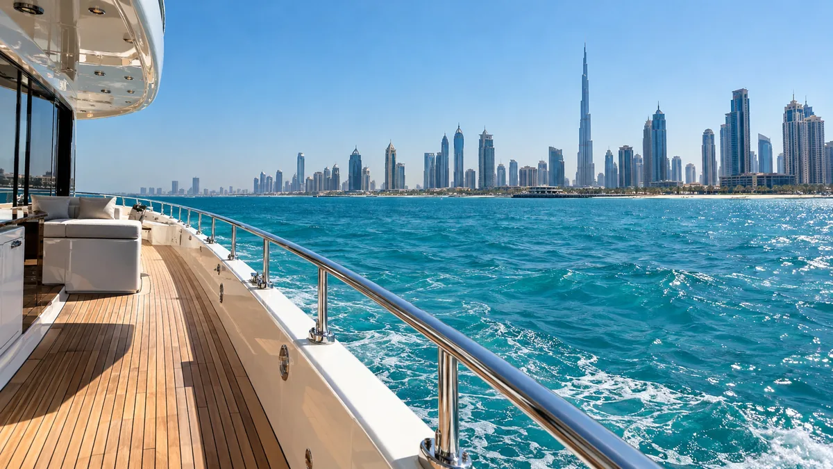 Açık denizde güneş ışığı altında yatın güvertesi ve uzakta Dubai kıyı şeridi; görselleştirme