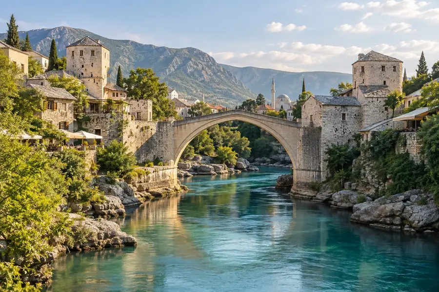 Mostar Köprüsü'nü çağrıştıran taş kemerli köprü ve nehrin öğleden sonra görünümü; görselleştirme
