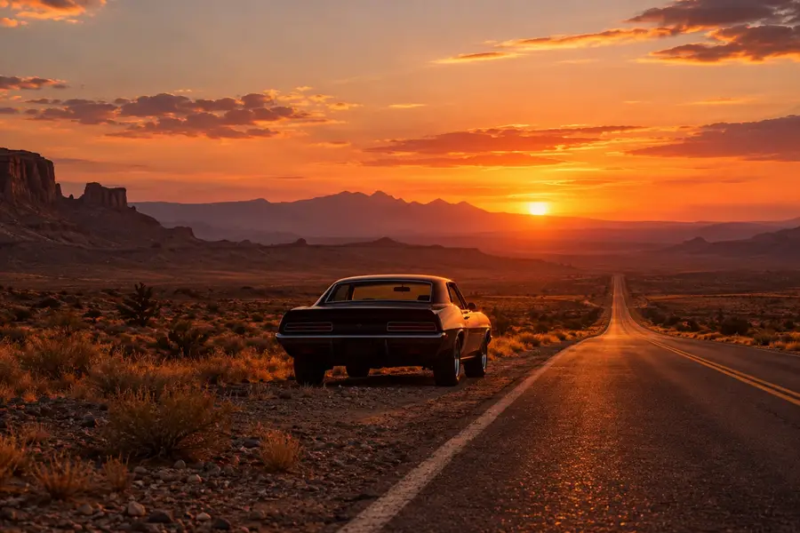 Route 66 üzerinde çöl gün batımında eski model bir otomobilin görselleştirmesi.