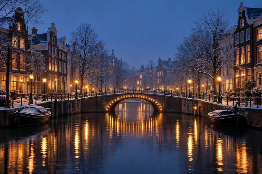 Amsterdam tarzı bir kanalın kış akşamı ışıklarının görselleştirmesi.