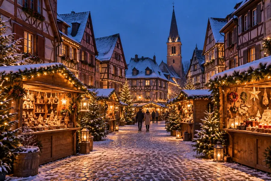 Kar yağışlı bir Alsace kasaba meydanında Noel pazarının akşam görselleştirmesi.