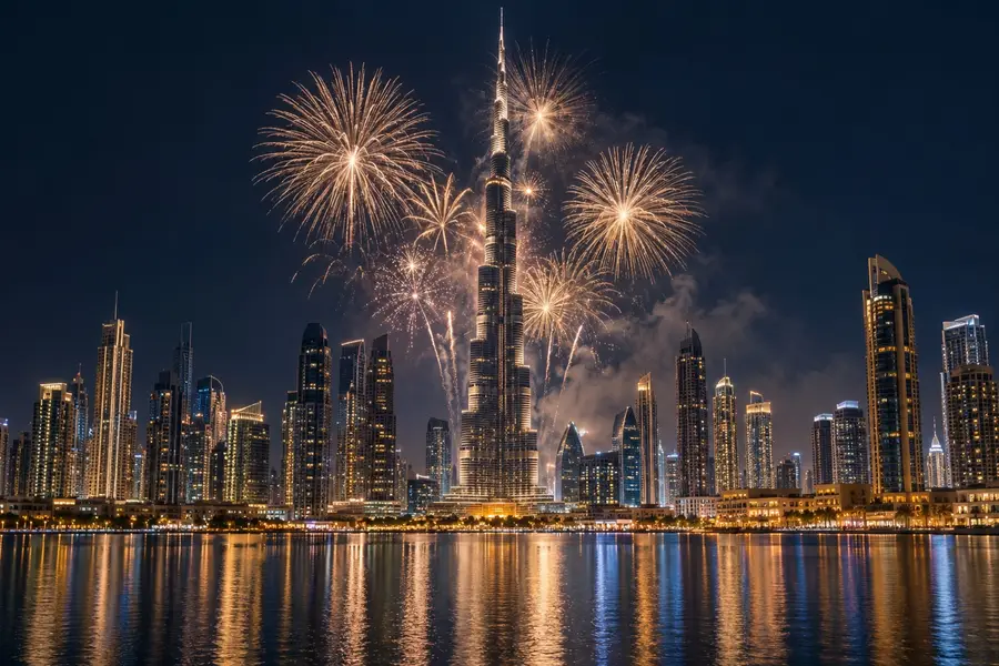 Dubai gece gökyüzünde Burj Khalifa ve havai fişeklerin görselleştirmesi.